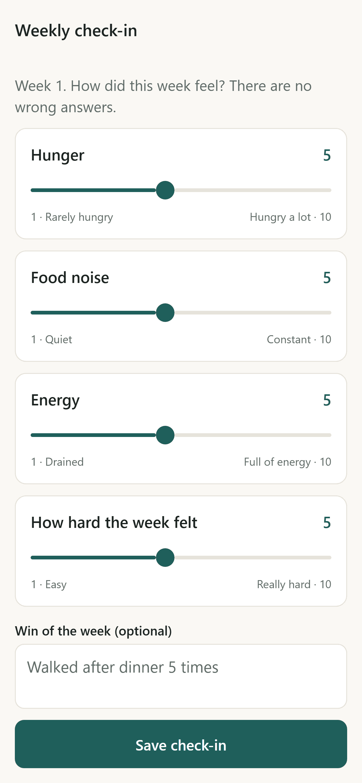 The weekly check-in sliders