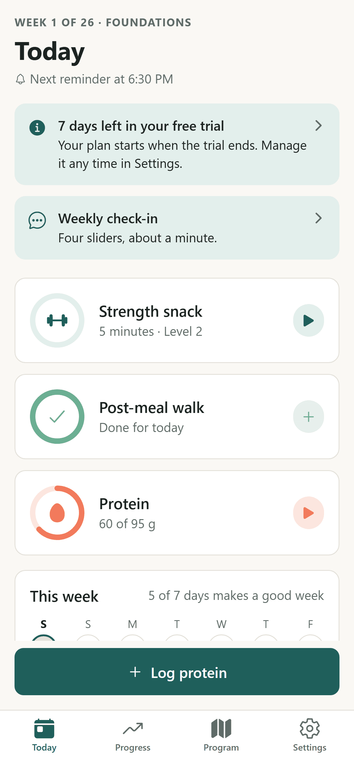 Stayform's Today screen with the three daily actions