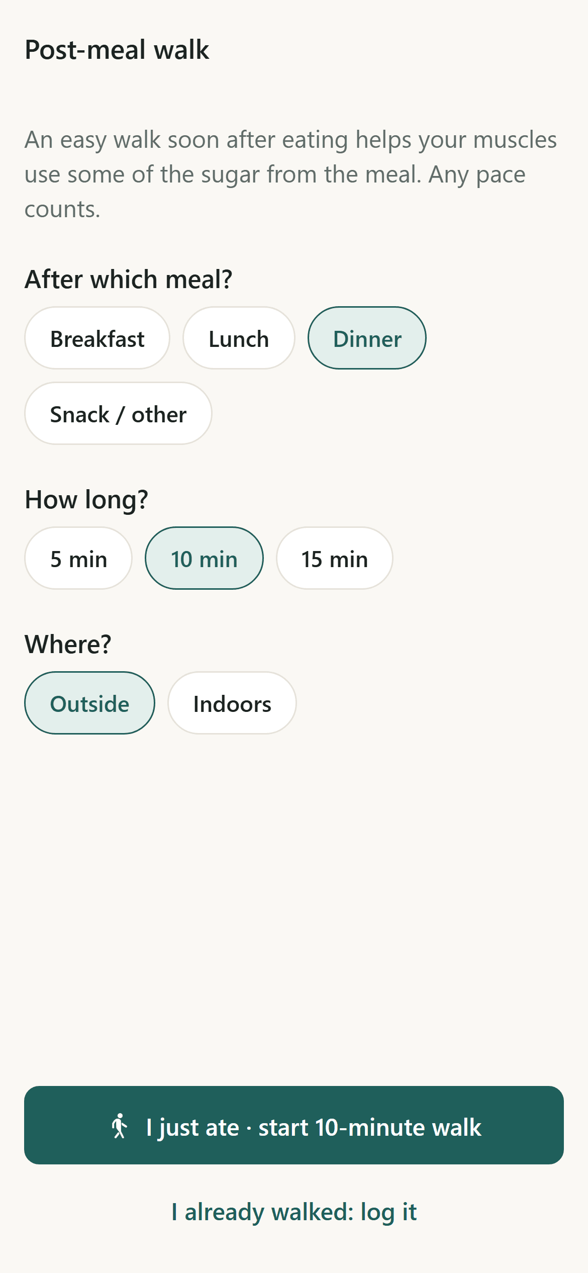 The post-meal walk timer setup